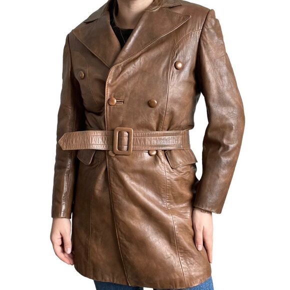 Vintage Womens 1970s Disco Collar Brown Leather Faux Fur Lining Jacket Sz M - Picture 1 of 11